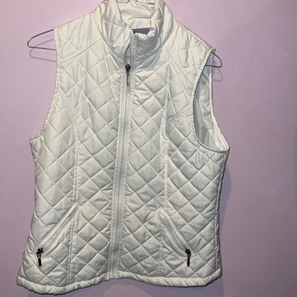 Laura Scott Women Quilted Vest‎ White Full Zip Stand Collar Pockets Sleeveless M